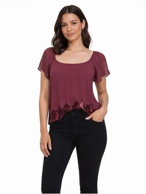 Kische  Burgundy Chiffon Blouse Sequin Hem Flutter Sleeve Top Size M
